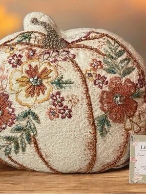 Embroidered Cream Pumpkin Accent Pillow with Floral Stitching